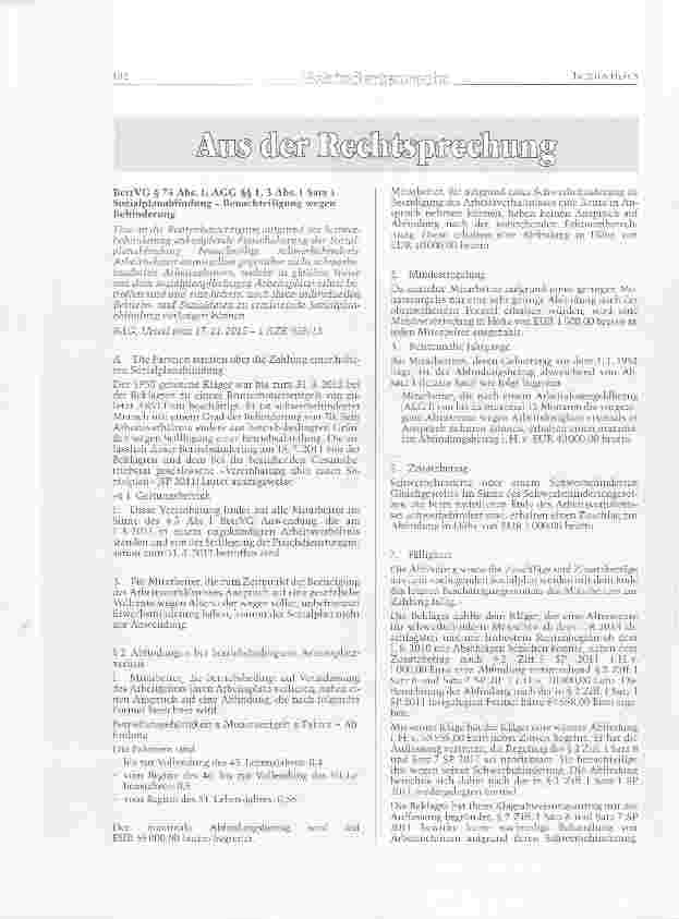 Vorschauseite 1: BetrVG § 75 Abs. 1; AGG §§ 1, 3 Abs. 1 Satz 1 Sozialplanabfindung Benachteiligung wegen Behinderung