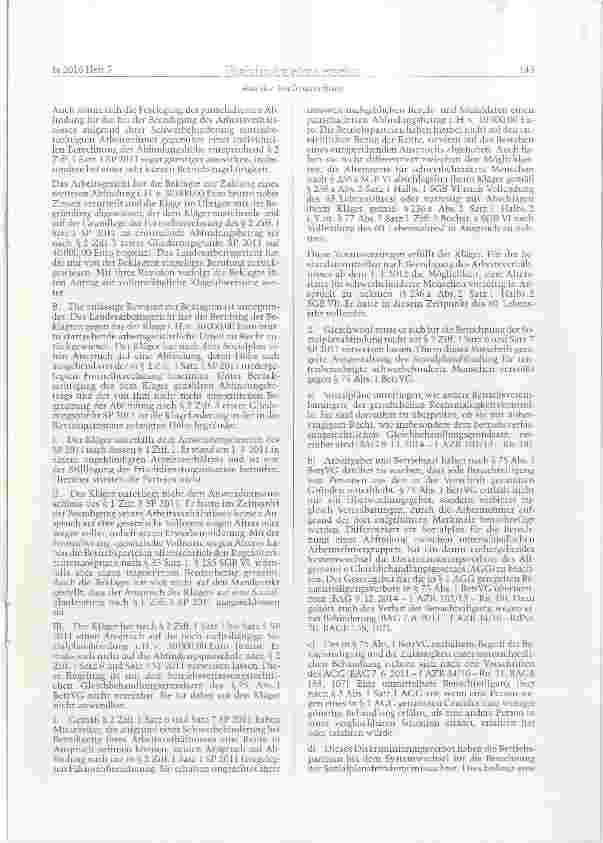 Vorschauseite 2: BetrVG § 75 Abs. 1; AGG §§ 1, 3 Abs. 1 Satz 1 Sozialplanabfindung Benachteiligung wegen Behinderung