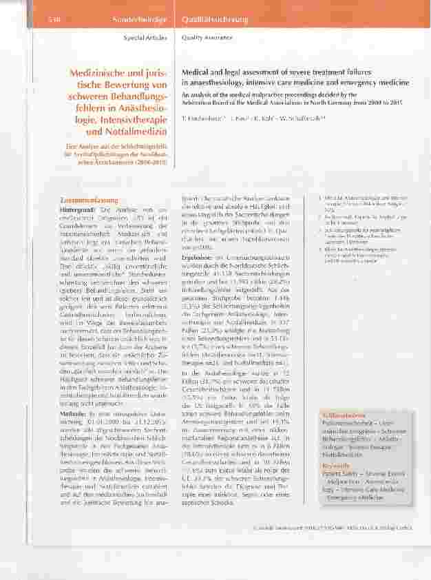 Vorschauseite 1: Medizinische und juristische Bewertung von schweren Behandlungsfehlern in Anästhesiologie, Intensivtherapie und Notfallmedizin