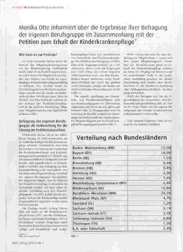 Vorschauseite 1: Monika Otte informiert über die Ergebnisse ihrer Befragung der eigenen Berufsgruppe im Zusammenhang mit der Petition zum Erhalt der Kinderkrankenpflege