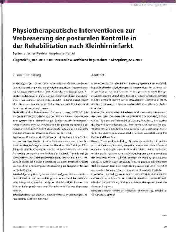 Vorschauseite 1: Physiotherapeutische Interventionen zur Verbesserung der posturalen Kontrolle in der Rehabilitation nach Kleinhirninfarkt