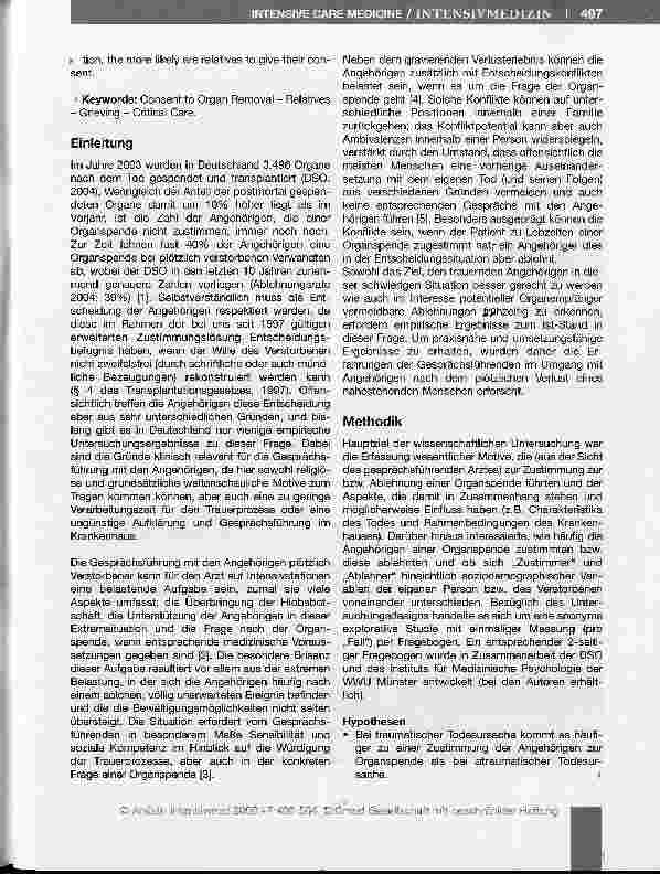 Vorschauseite 2: Mögliche Einflussfaktoren auf die postmortaie Organspende -Worin unterscheiden sich zustimmende von ablehnenden Angehörigen?*