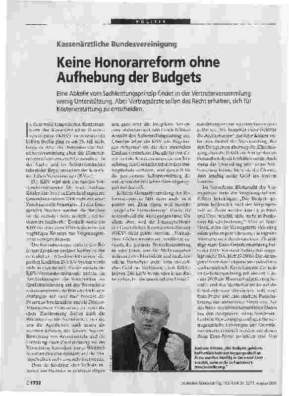 Vorschauseite 1: Kassenärztliche BundesvereinigungKeine Honorarreform ohne Aufhebung der Budgets