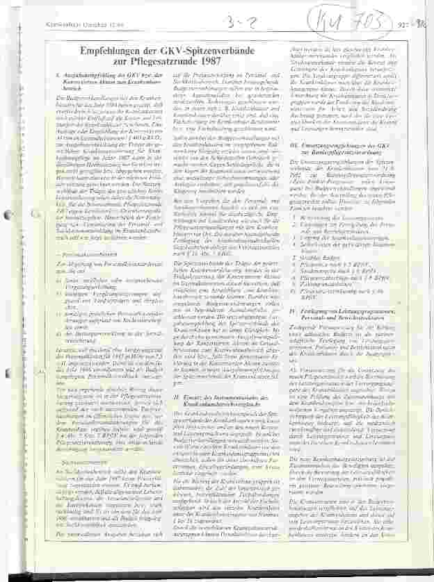 Vorschauseite 1: Empfehlungen der GKV-Spitzenverbände zur Pflegesatzrunde 1987