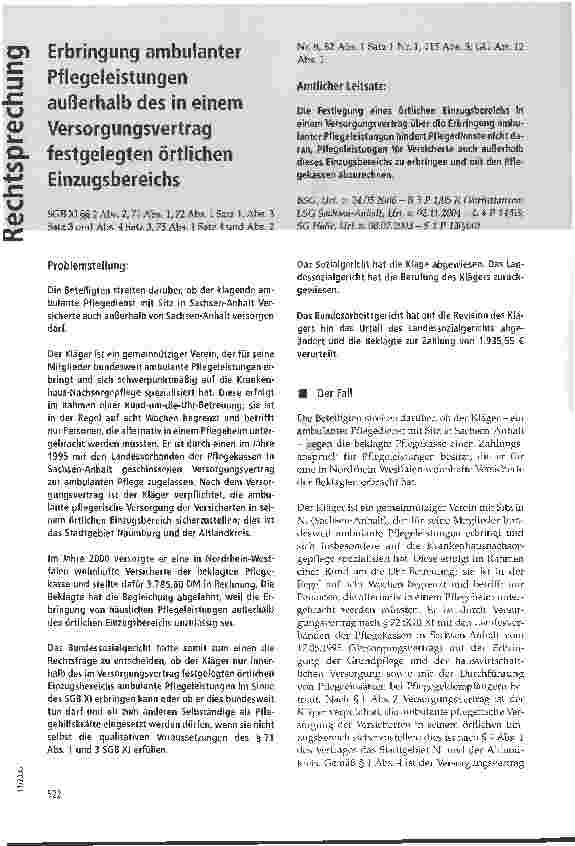 Vorschauseite 1: Erbringung ambulanter Pflegeleistungen außerhalb des in einem Versorgungsvertrag festgelegten örtlichen Einzugsbereichs