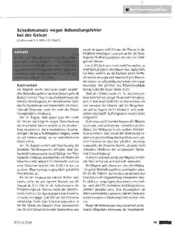 Vorschauseite 1: Schadensersatz wegen Behandlunssfehler bei der Geburt