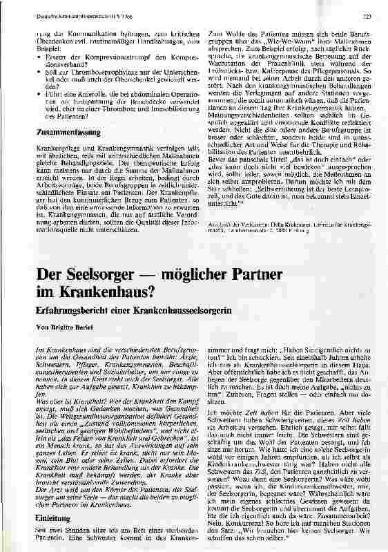 Vorschauseite 1: Der Seelsorger -- möglicher Partner im Krankenhaus? Erfahrungsbericht einer Krankenhausseelsorgerin