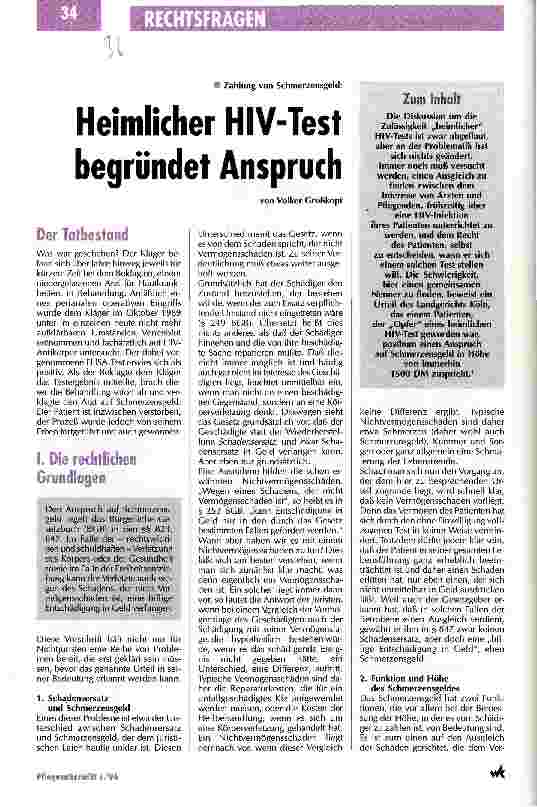 Vorschauseite 1: Heimlicher HIV-Test begründet Anspruch Zahlung von Schmerzensgeld