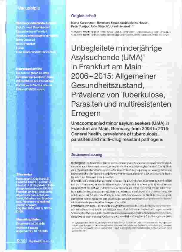 Vorschauseite 1: Unbegleitete minderjährige Asylsuchende (UMA)in Frankfurt am Main 2006-2015: Allgemeiner Gesundheitszustand, Prävalenz von Tuberkulose, Parasiten und multiresistenten Erregern