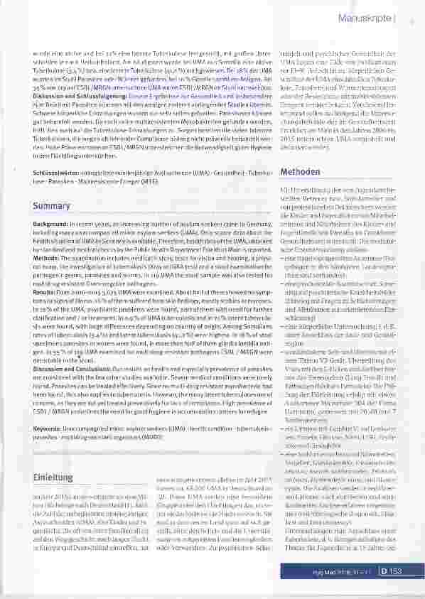 Vorschauseite 2: Unbegleitete minderjährige Asylsuchende (UMA)in Frankfurt am Main 2006-2015: Allgemeiner Gesundheitszustand, Prävalenz von Tuberkulose, Parasiten und multiresistenten Erregern