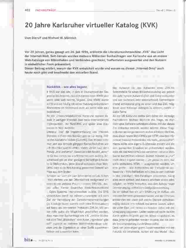 Vorschauseite 1: 20 Jahre Karlsruher virtueller Katalog (KVK)