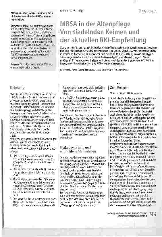 Vorschauseite 1: MRSA in der Altenpflege Von siedelnden Keimen und der aktuellen RKI-Empfehlung
