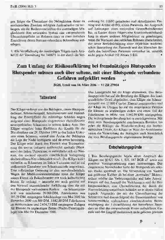 Vorschauseite 1: Zum Umfang der Risikoaufklärung bei fremdnützigen Blutspenden Blutspender müssen auch über seltene, mit einer Blutspende verbundene Gefahren aufgeklärt werden