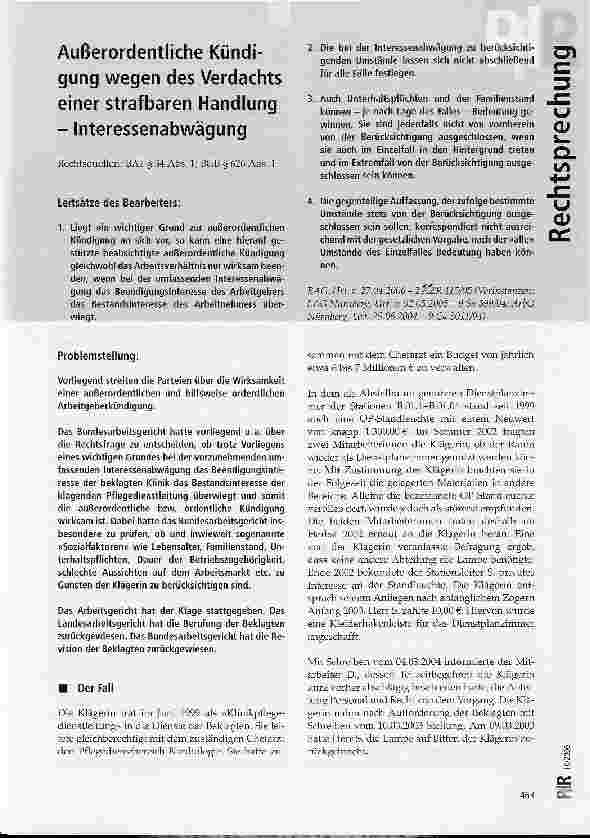Vorschauseite 1: Außerordentliche Kündigung wegen des Verdachts einer strafbaren Handlung - Interessenabwägung