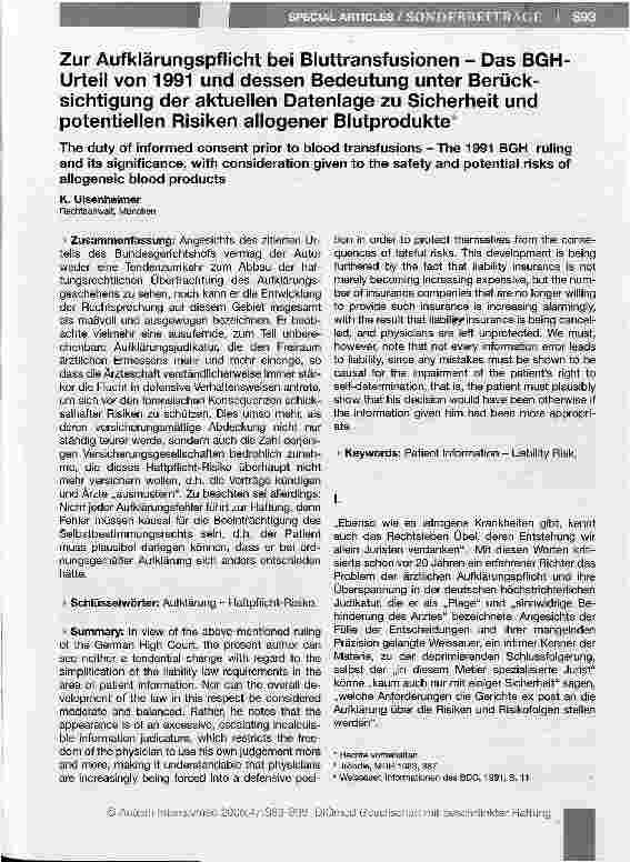 Vorschauseite 1: Zur Aufklärungspflicht bei Bluttransfusionen - Das BGH-Urteil von 1991 und dessen Bedeutung unter Berücksichtigung der aktuellen Datenlage zu Sicherheit und potentiellen Risiken a…