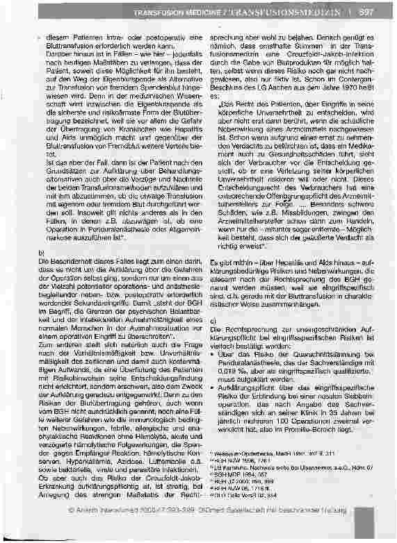 Vorschauseite 5: Zur Aufklärungspflicht bei Bluttransfusionen - Das BGH-Urteil von 1991 und dessen Bedeutung unter Berücksichtigung der aktuellen Datenlage zu Sicherheit und potentiellen Risiken a…