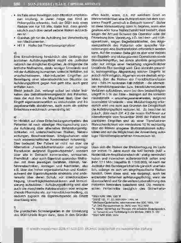 Vorschauseite 6: Zur Aufklärungspflicht bei Bluttransfusionen - Das BGH-Urteil von 1991 und dessen Bedeutung unter Berücksichtigung der aktuellen Datenlage zu Sicherheit und potentiellen Risiken a…