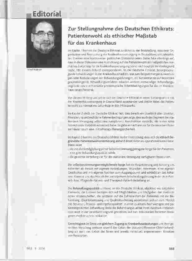 Vorschauseite 1: Zur Stellungnahme des Deutschen Ethikrats: Patientenwohl als ethischer Maßstab für das Krankenhaus