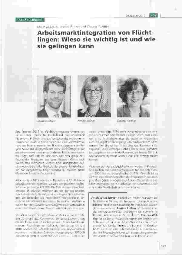 Vorschauseite 1: Arbeitsmarktintegration von Flüchtlingen: Wieso sie wichtig ist und wie sie gelingen kann