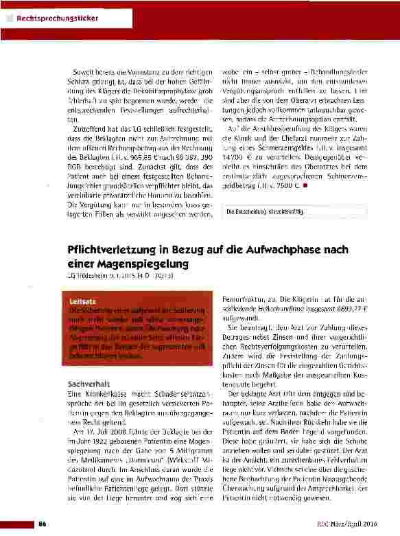 Vorschauseite 1: Pflichtverletzung in Bezug auf die Aufwachphase nach einer MagenspiegelungLG Hildesheim 9.1.2015 (4 0 170/13)
