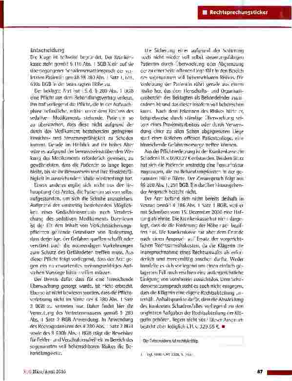 Vorschauseite 2: Pflichtverletzung in Bezug auf die Aufwachphase nach einer MagenspiegelungLG Hildesheim 9.1.2015 (4 0 170/13)