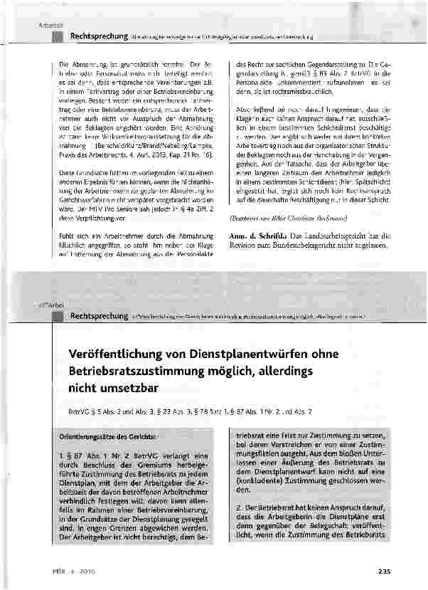 Vorschauseite 1: Veröffentlichung von Dienstplanentwürfen ohne Betriebsratszustimmung möglich, allerdings nicht umsetzbar