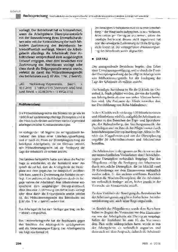 Vorschauseite 2: Veröffentlichung von Dienstplanentwürfen ohne Betriebsratszustimmung möglich, allerdings nicht umsetzbar