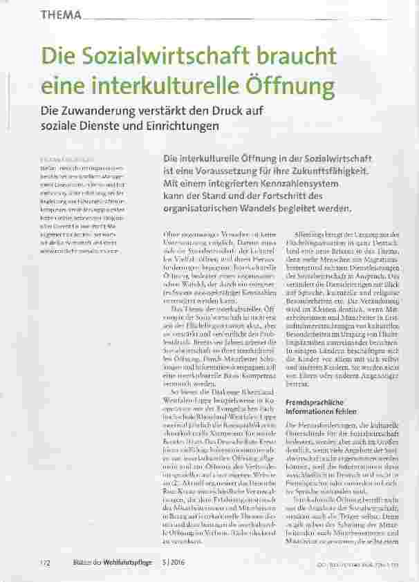 Vorschauseite 1: Die Sozial Wirtschaft braucht eine interkulturelle Öffnung Die Zuwanderung verstärkt den Druck auf soziale Dienste und Einrichtungen
