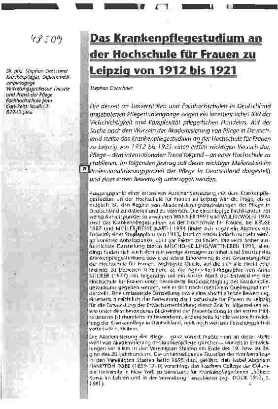 Vorschauseite 1: das Krankenhauspflegestudium an der Hochschule für Frauen zu Leipzig von 1912 bis 1921