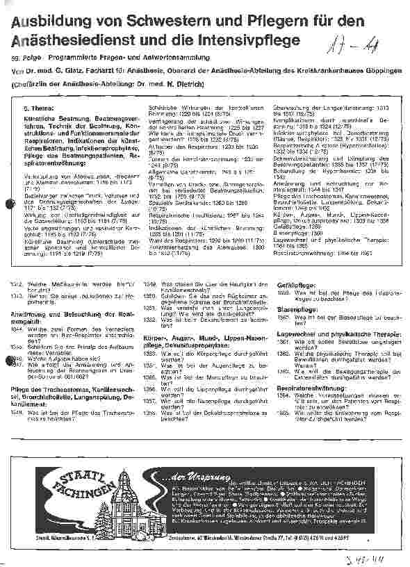 Vorschauseite 1: Ausbildung von Schwestern und Pflegern für den Anästhesiedienst und die Intensivpflege //39. Folge:Programmierte Fragen u. Antwortsammlung