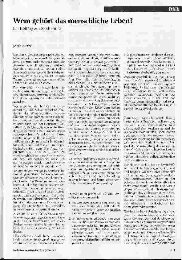 Vorschauseite 1: Wem gehört das menschliche Leben?Ein Beitrag zur Sterbehilfe