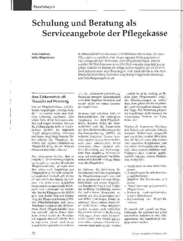 Vorschauseite 1: Schulung und Beratung als Serviceangebote der Pflegekasse