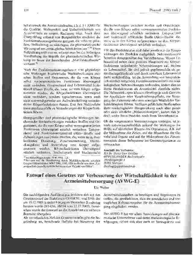 Vorschauseite 1: Entwurf eines Gesetzes zur Verbesserung der Wirtschaftlichkeit in der Arzneimittelversorgung (AVWG-E)