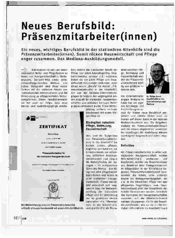 Vorschauseite 1: Neues Berufsbild: Präsenzmitarbeiter(innen)Ein neues, wichtiges Berufsbild in der stationären Altenhilfe sind die Präsenzmitarbeiter(innen)