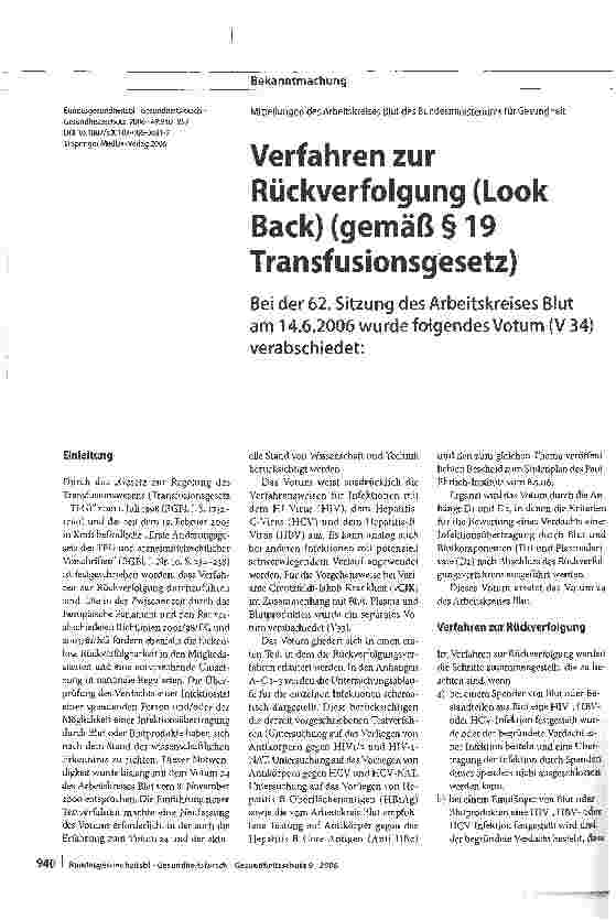 Vorschauseite 1: Verfahren zur Rückverfolgung (Look Back) (gemäß §19 Transfusionsgesetz)