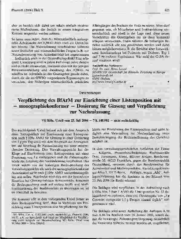 Vorschauseite 1: Verpflichtung des BfArM zur Einrichtung einer Listenposition mit - monographiekonformer - Dosierung für Ginseng und Verpflichtung zur Nachzulassung