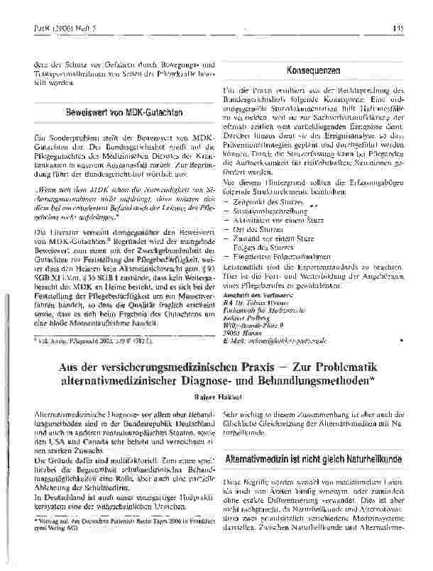 Vorschauseite 1: Aus der versicherungsmedizinischen Praxis - Zur Problematik alternativmedizinischer Diagnoseund Behandlungsmethoden*