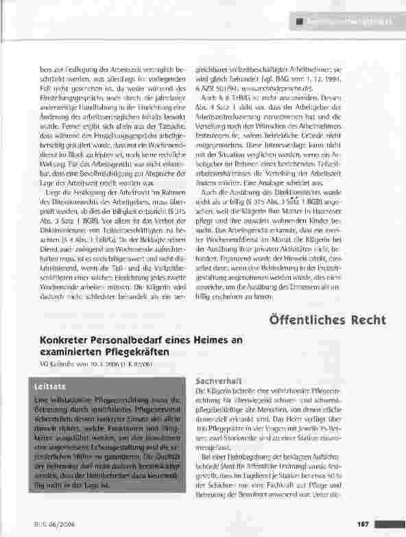 Vorschauseite 1: Konkreter Personalbedarf eines Heimes an examinierten PflegekräftenVG Karlsruhe vom 10.3.2006(1 K 85/06)