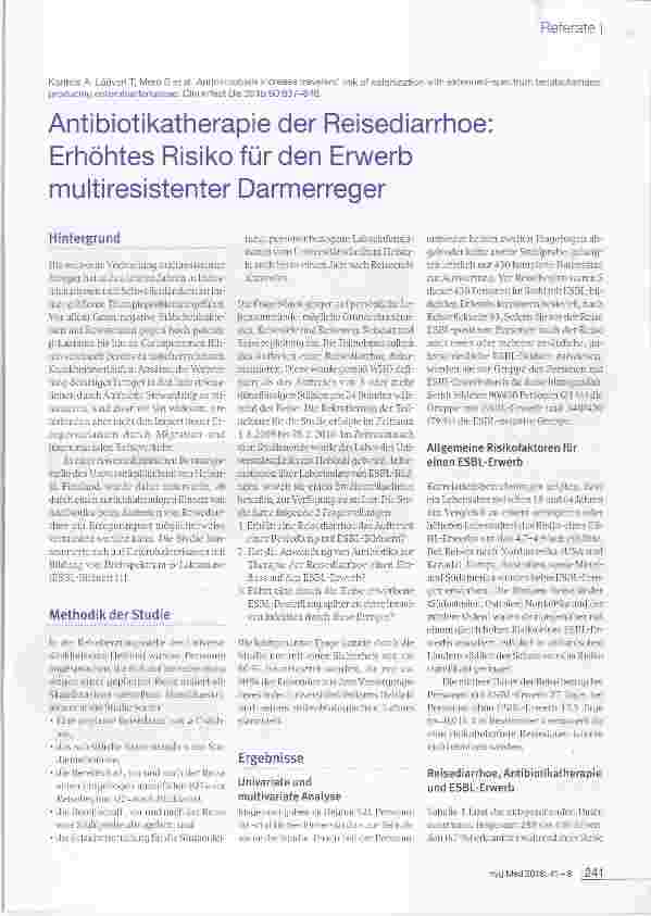 Vorschauseite 1: Antibiotikatherapie der Reisediarrhoe:Erhöhtes Risiko für den Erwerb multiresistenter Darmerreger