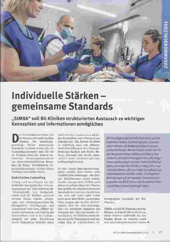 Vorschauseite 1: Individuelle Stärken gemeinsame Standards „SIMBA“ soll BG Kliniken strukturierten Austausch zu wichtigen Kennzahlen und Informationen ermöglichen