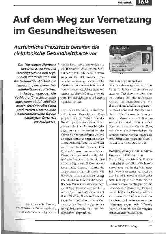Vorschauseite 1: Auf dem Weg zur Vernetzung im Gesundheitswesen
