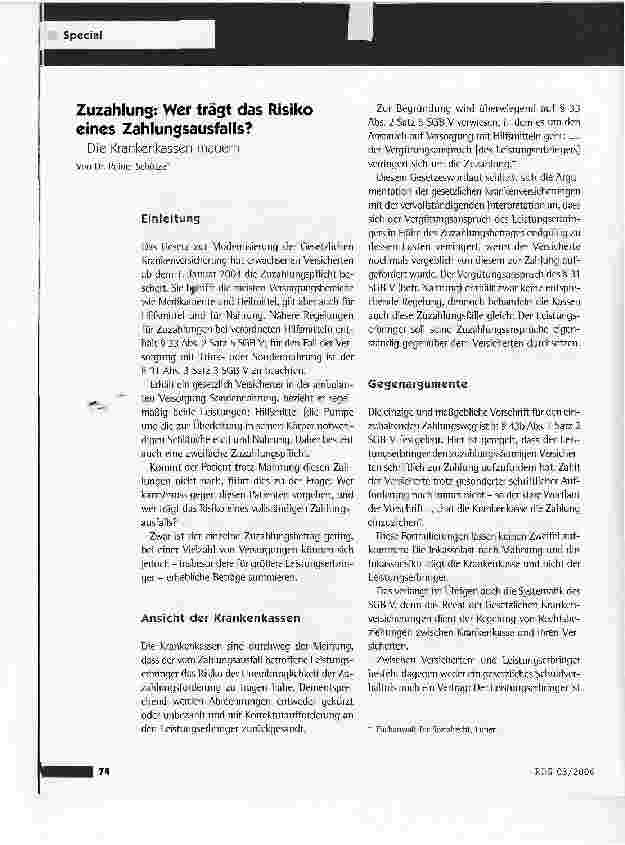 Vorschauseite 1: Zuzahlung: Wer trägt das Risiko eines Zahlungsausfalls?- Die Krankenkassen mauern -