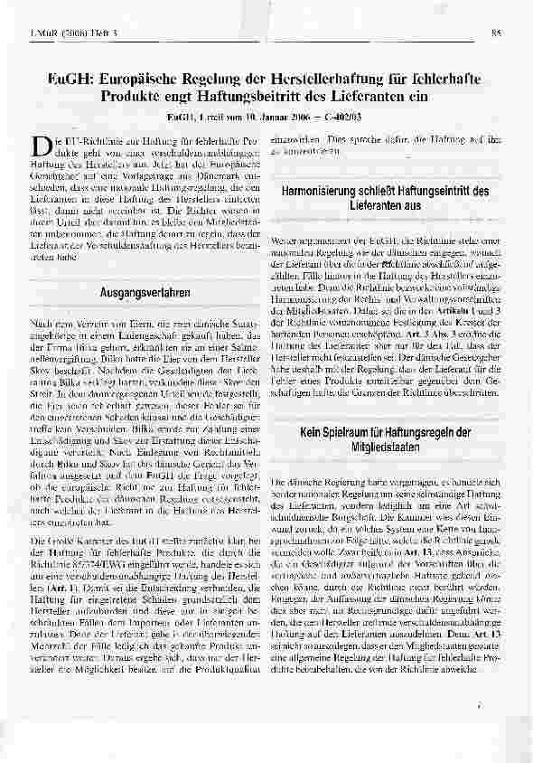 Vorschauseite 1: EuGH: Europäische Regelung der Herstellerhaftung für fehlerhafte Produkte engt Haftungsbeitritt des Lieferanten ein