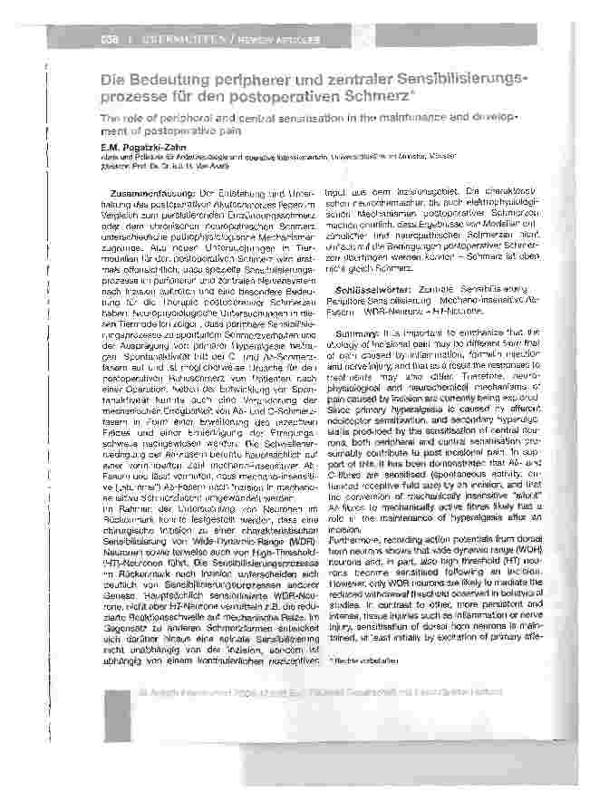 Vorschauseite 1: Die Bedeutung peripherer und zentraler Sensibilisierungsprozesse für den postoperativen Schmerz