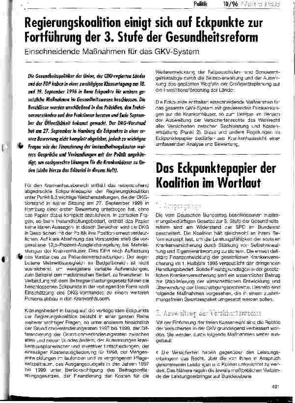 Vorschauseite 1: Regierungskoalition einigt sich auf Eckpunkte zur Fortführung der 3. Stufe der Gesundheitsreform