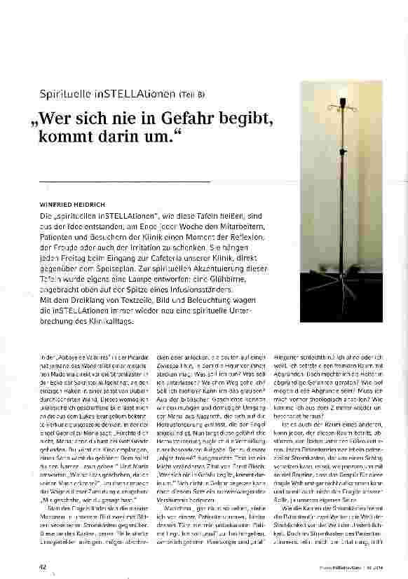 Vorschauseite 1: Spirituelle inSTELLAtionen (Teil 8) „Wer sich nie in Gefahr begibt, kommt darin um.