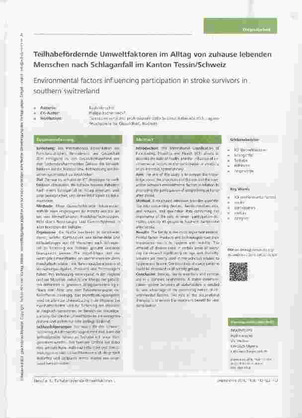 Vorschauseite 1: Teilhabefördernde Umweltfaktoren im Alltag von zuhause lebenden Menschen nach Schlaganfall im Kanton Tessin/Schweiz