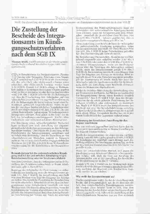 Vorschauseite 1: Die Zustellung der Bescheide des Integrationsamts im Kündigungsschutzverfahren nach dem SGB IX