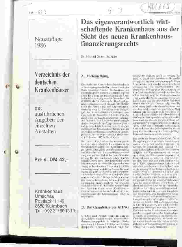 Vorschauseite 1: Das eigenverantwortlich wirtschaftende Krankenhaus aus der Sicht des neuen Krankenhausfinanzierungsrechts
