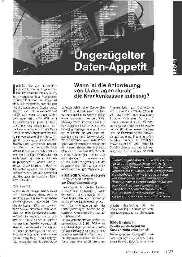 Vorschauseite 1: Ungezügelter Daten-Appetit - Wann ist die Anforderungvon Unterlagen durch die Krankenkassen zulässig?